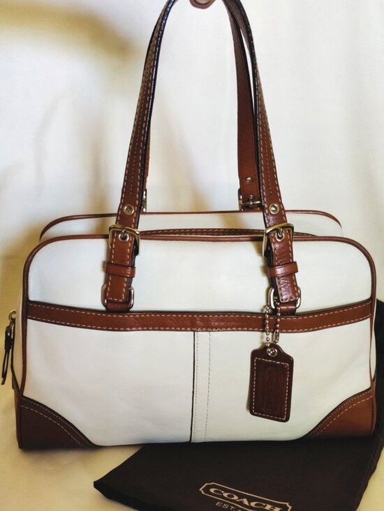 Coach Handbags - Coach Hamptons Leather Bowler Satchel in White & Saddle, EUC